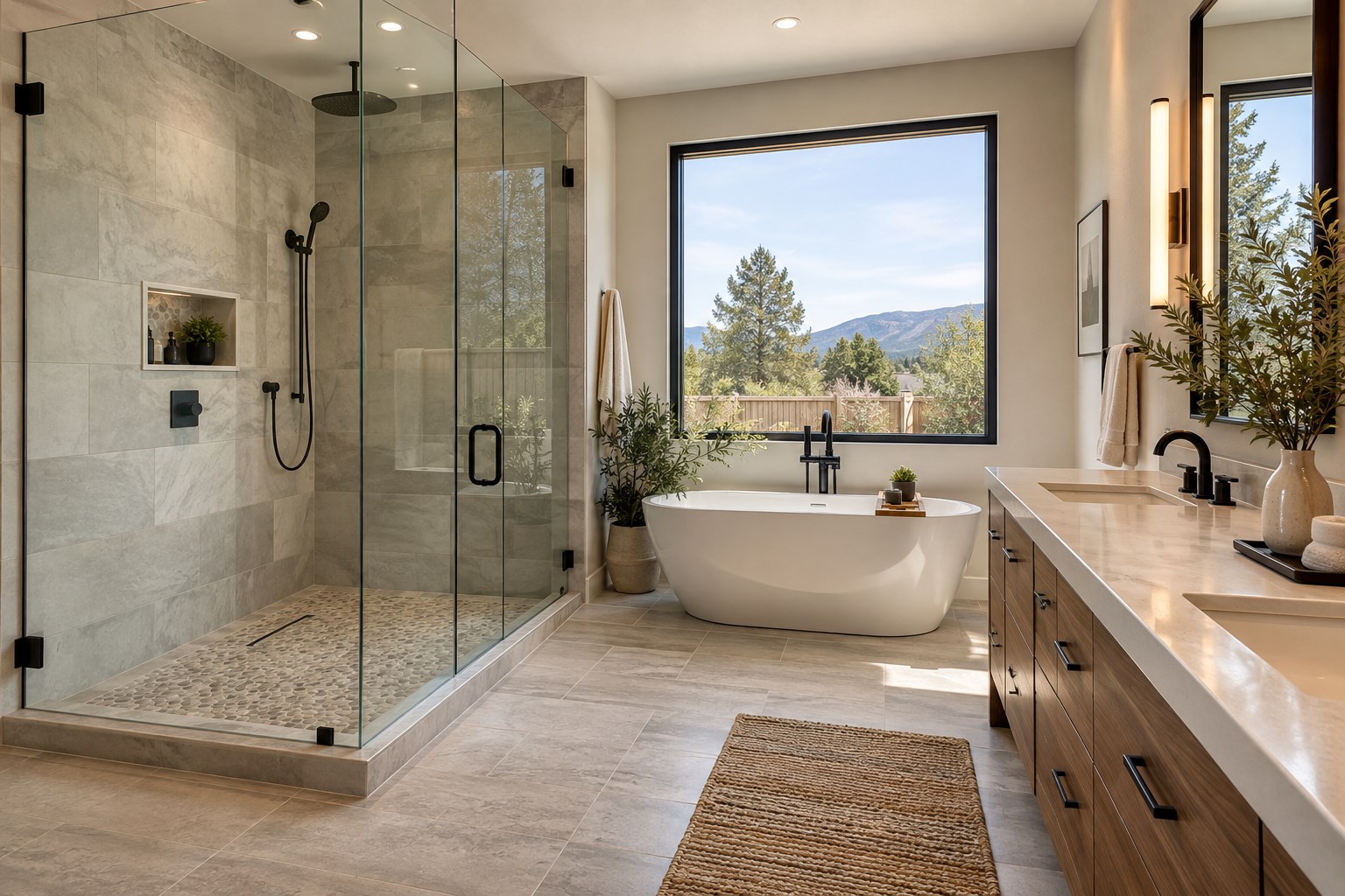 Modern bathroom with glass shower and freestanding tub